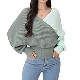 Women's Wrap V Neck Knit Sweaters Batwing Long Sleeve Cross Front Drop Shoulder Fall Pullover Tops Deep Green