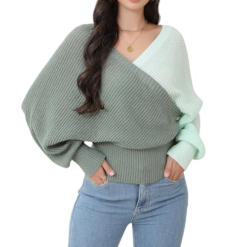 Image of Women's Wrap V Neck Knit Sweaters Batwing Long Sleeve Cross Front Drop Shoulder Fall Pullover Tops