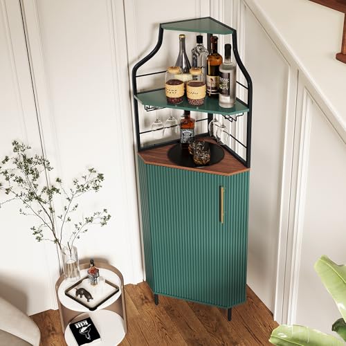 Image of ARTPOWER Corner Bar Cabinet with LED Strip, 4-Tiers Liquor Cabinet, Green