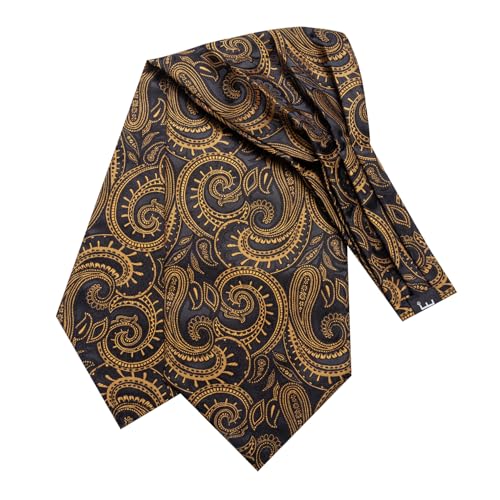 Image of Hi-Tie Silk Ascot for Men Self Tie Men's Cravat and Flower Lapel Pin Handkerchief Cufflinks Set for Wedding Party