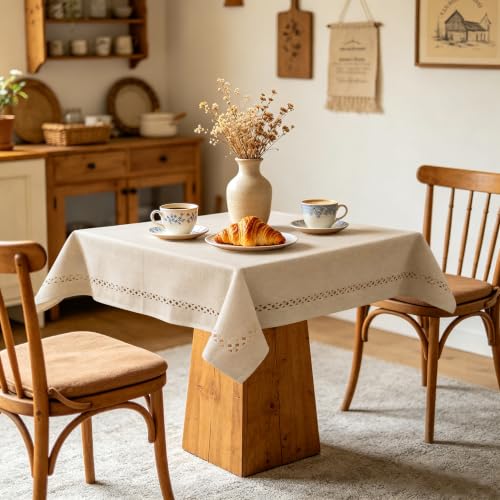 tiosggd Beige Square Tablecloth 36 x 36 Inch, Small Farmhouse Linen Textured Table Cloth with Decorative Cutouts, Dresser Cover top, Rustic Coffee Table Cover, Washable Card Table Overlay Home Decor