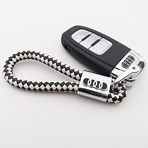 US85 For Audi Logo Emblem Key Chain Key Ring Metal Alloy BV Style Calf Leather Gift Decoration Accessories (Black &White)