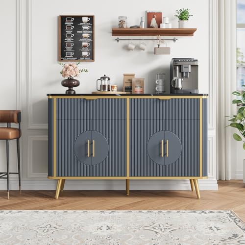 RNLRNL 47.2" Buffet Storage Cabinet, Modern Fluted Coffee Bar Station with 2 Drawers & Adjustable Shelves, Kitchen Sideboard Buffet for Dining Room, Living Room, Hallway, Navy Blue