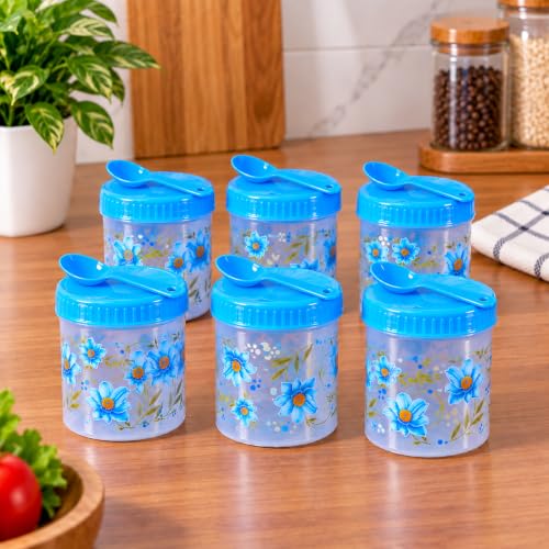 Image of Kitchen Storage Containers Set of 6 with Blue Lids & Spoons, Multipurpose Plastic Airtight Storage Jars for Spices, Pulses, Dry Fruits, Snacks & Kitchen Organization