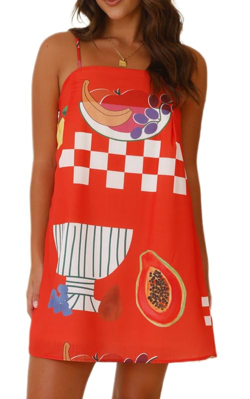 Image of ROAONOCOMO Women Boho Graffiti Cami Mini Dress Spaghetti Strap Printed A Line Short Dress Cute Colorful Sundress