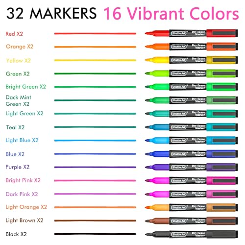 Image of Shuttle Art Dry Erase Markers, 32 Pack 16 Colors Magnetic Whiteboard Markers with Erase, Fine Point Dry Erase Markers Perfect For Writing on Whiteboards,Mirrors for School Office Home