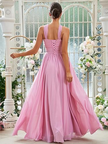 Halter Chiffon Bridesmaid Dresses for Women A Line Formal Gown Ruched Long Evening Dress with Pocket PS5312
