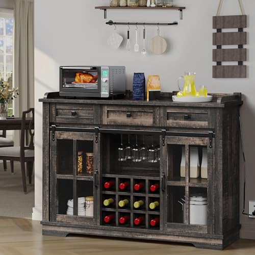 DWVO 53" Farmhouse Coffee Bar Cabinet, Sideboard Storage Cabinets Buffet Cabinet with Storage, 3 Drawers & Sliding Barn Door for Kitchen & Living Room, Dark Rustic Oak