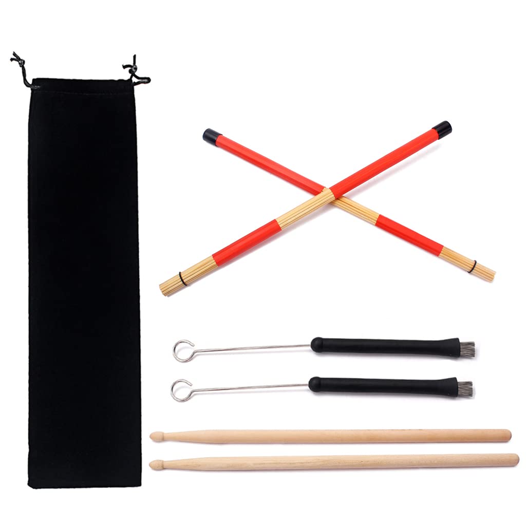 Alnicov Set di bacchette per batteria,1 paio di bacchette in legno 5A,1 paio di spazzole per batteria a bacchette e 1 paio di spazzole per bacchette retrattili con custodia portatile