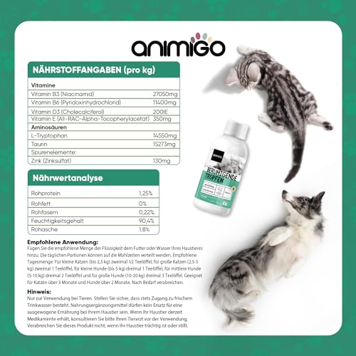animigo Beruhigungsmittel für Hunde & Katzen - 100ml Entspannungs- & Anti-Stress-Mittel für Haustiere - Mit L Tryptophan, Vitamin D3, Zink, Taurin - Gelassenheit bei Stress, Feuerwerk, Unruhe & Reisen