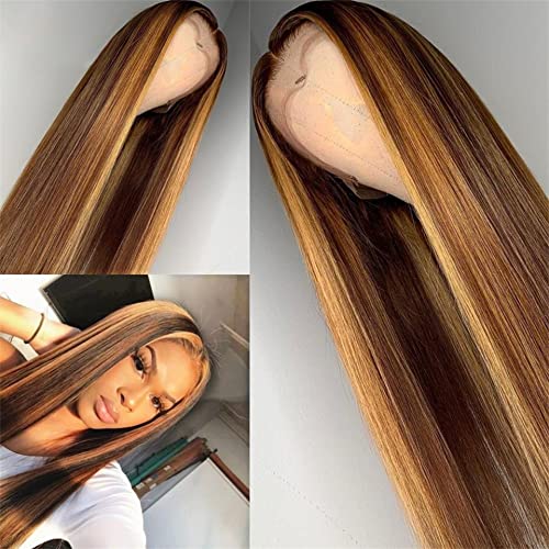 Straight Highlight Lace Front Wigs Human Hair for Women 13x1 T-part Brazilian Ombre Honey Blonde HD Transparent Lace Front Human Hair Wigs Pre Plucked Bleached Knots 150% Density (22 Inch, Mixed 4/27)