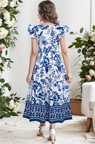 Girl's Dress Summer Boho Floral Flutter Sleeve Party Casual A Line Vacation Maxi Dress 9-14 Years2