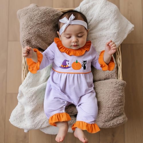 Newborn Baby Girl Halloween Outfit Embroidery Ruffles Long Sleeve Romper Jumpsuit Bodysuit Overalls Fall Clothes2