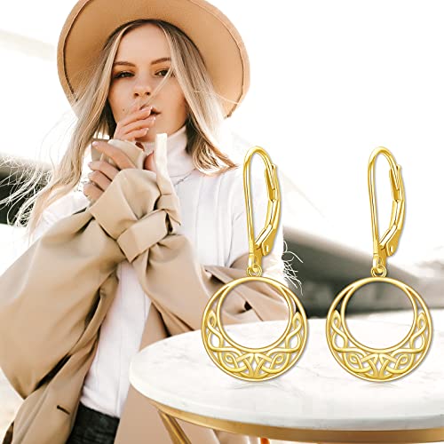 Irish Celtic Earrings Mothers Day Gifts For Mom Women 14K Solid Gold Celtic Knot Dangle Earrings For Women Circle Leverback Drop Earrings Fine Jewelry Birthday Christmas Gifts For Her #TOP5
