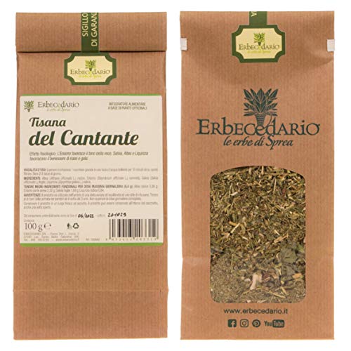 Erbecedario - Tisana del Cantante con Erisimo Altea Salvia e Liquirizia, Infuso utile per il benessere della gola e del cavo orale, Tisana fredda favorisce il normale tono della voce, 1 Sacchetto 100g