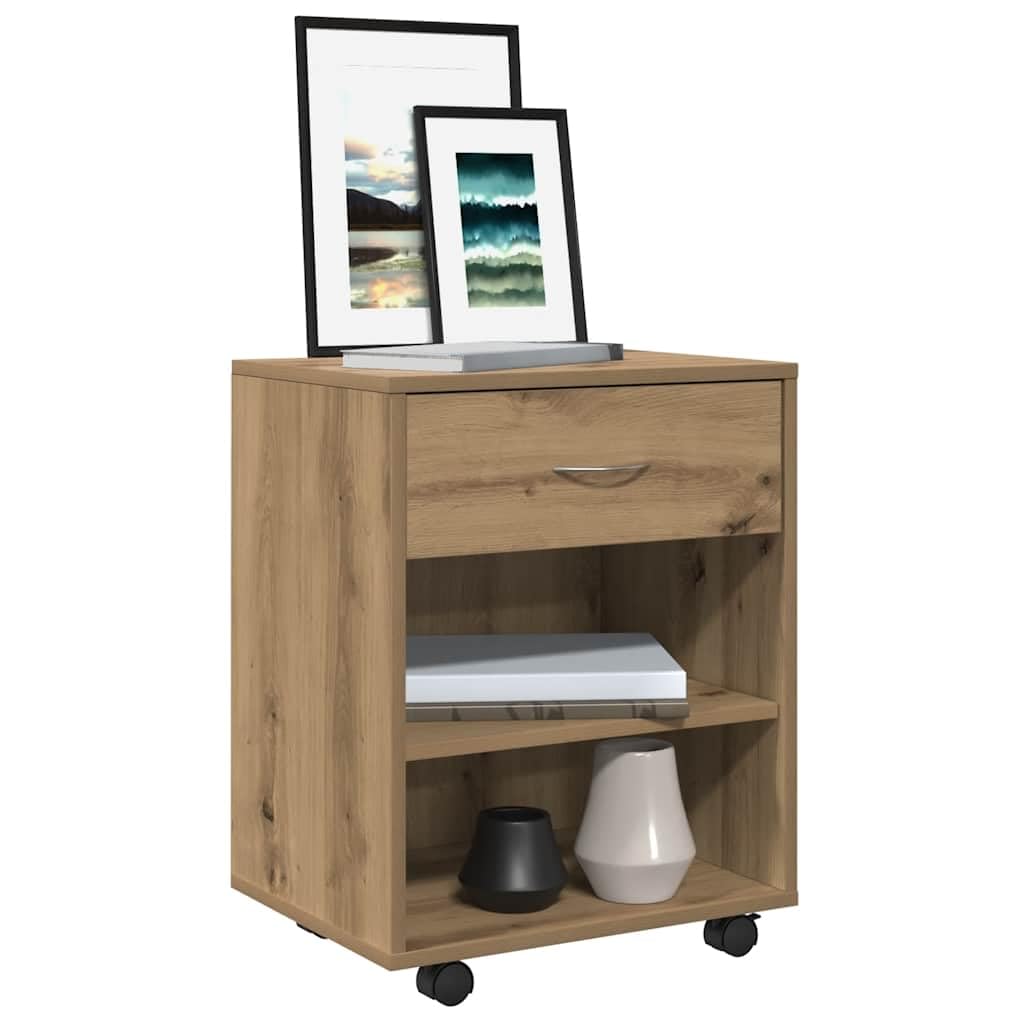 Contenedor con ruedas de madera de roble Artisan, 46 x 36 x 59 cm, con cajón y espacio de almacenamiento, armario de almacenamiento móvil con ruedas para oficina, salón, cocina y taller