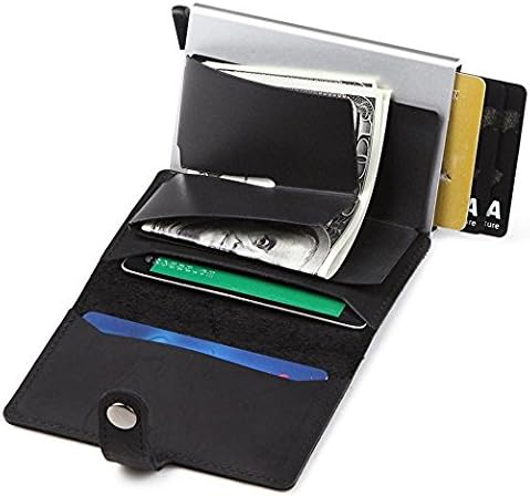 Vista 2 de HONB Soporte para tarjetas de crédito RFID, cartera delgada de cuero genuino para viajes, billetera desplegable para hombres, Negro -, Cartera Rfid