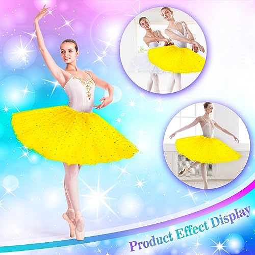 Tüllrock Gelb Tütü Damen 3 Lagen Tüll Rock mit Pailletten Sternen, Gelber Rock Erwachsene Teen Tütü Pailletten Ballettrock 80er 90er Party Tüllrock Halloween Karneval Party Kostüm Tanzen