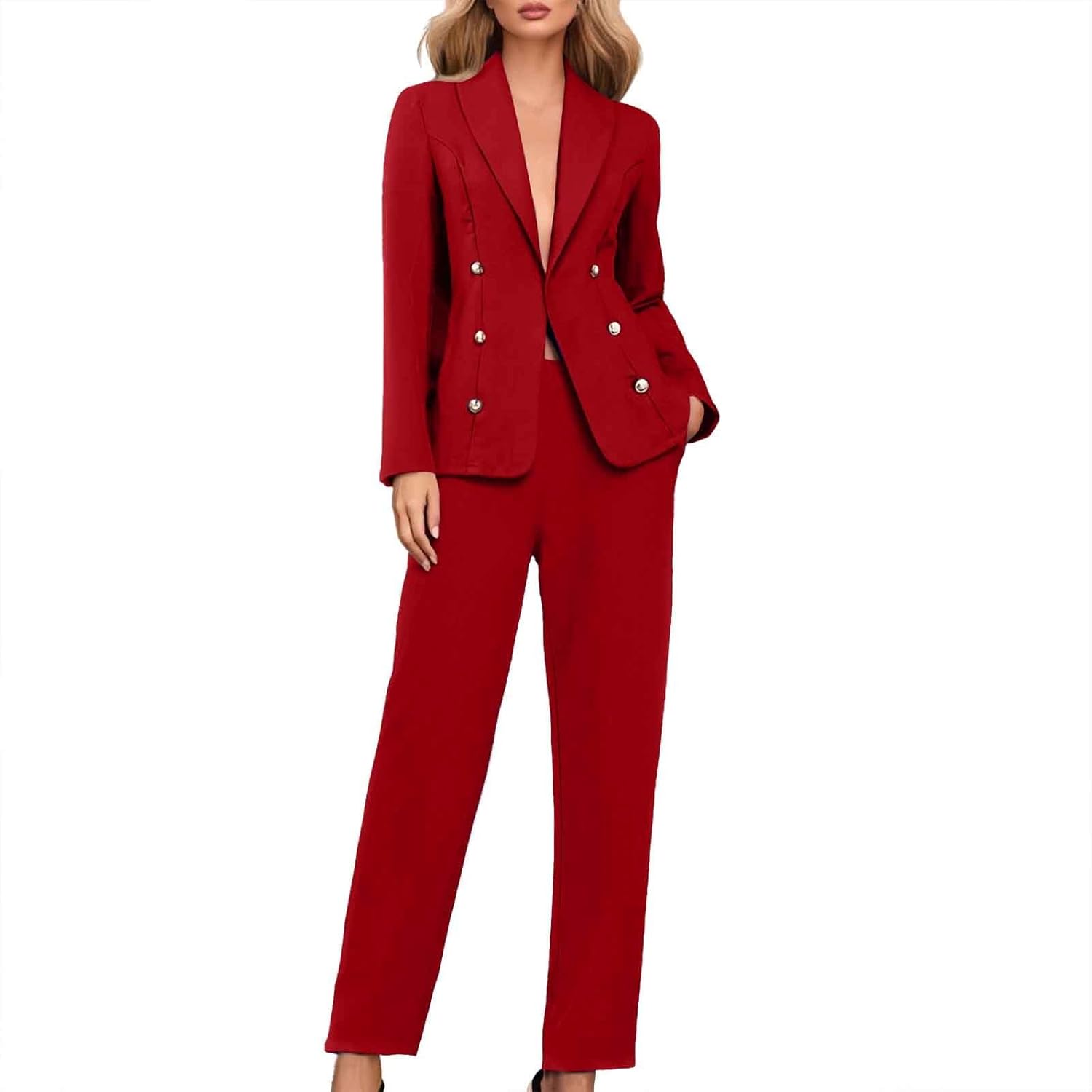 Blazer Sets Women 2 Piece Outfits Pants Suits Business Slim Fit Dressy Pantsuit Long Sleeve Wide Leg Work