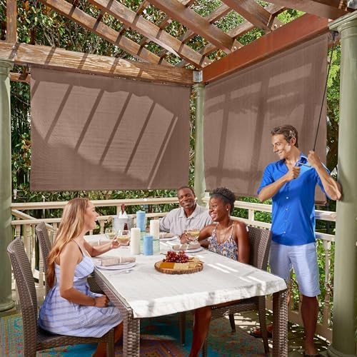 Coolaroo Outdoor Roller Shade with Wand - 95% UV Block Breathable Light Filtering Shade for Patio or Porch, Fade-Resistant, Easy-Clean Fabric, 10ft x 8ft, Walnut