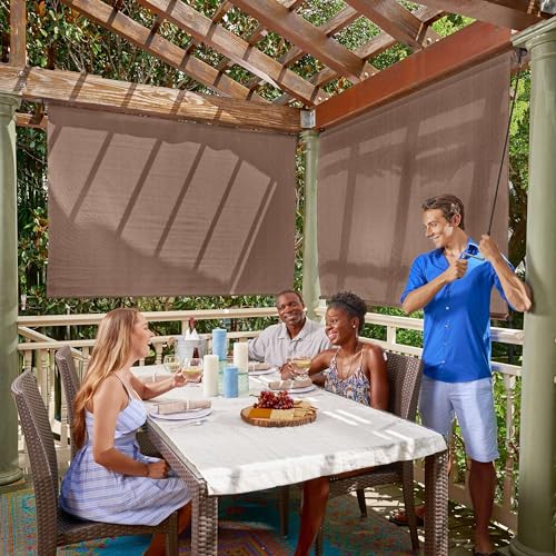 Coolaroo Outdoor Roller Shade with Wand - 95% UV Block Breathable Light Filtering Shade for Patio or Porch, Fade-Resistant, Easy-Clean Fabric, 10ft x 8ft, Walnut