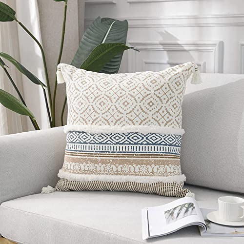 Image of Modern Homes Boho Tufted Decorative Throw Pillow Covers for Couch Sofa - Moroccan Style Cushion Covers with Tassels, Accent Decor Pillow for Bedroom Living Room (Khaki, 16x16 inch)