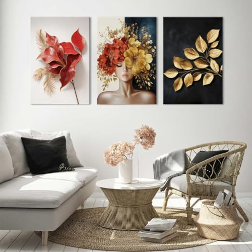 Piy Painting Abstrakte Groß Wandbilder Wohnzimmer, Feminine Porträts Bild mit Rahmen, Blumenkunst Leinwanddrucke, Wandkunst Leinwand Malerei, Leinwandbilder für Schlafzimmer Büro 3 Pcs,58x40cm
