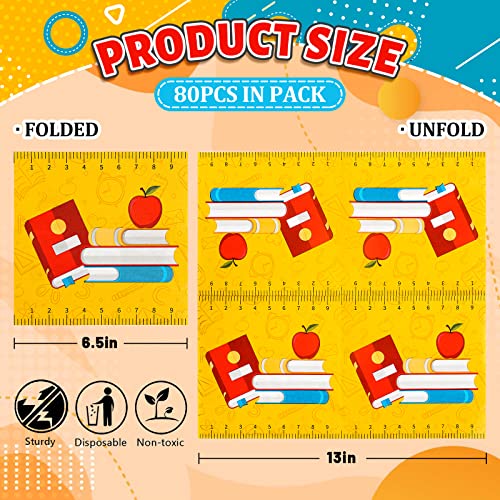 Image of Whaline 80 Pack Back to School Paper Napkins 6.5 x 6.5 Inch Ruler Scales Book Apples Prints Paper Napkins Yellow Disposable Luncheon Napkin for First Day of School Party Supplies Table Decoration