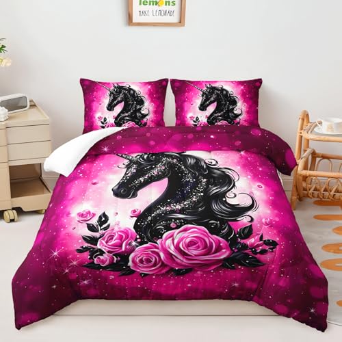 Image of AILONEN Unicorn Comforter Set Twin Size,Pink and Black Sparkling Bedding Set 3Pcs,Bedroom Decor for Girls Teens,Fantasy Glitter Quilt with 2 Pillowcases