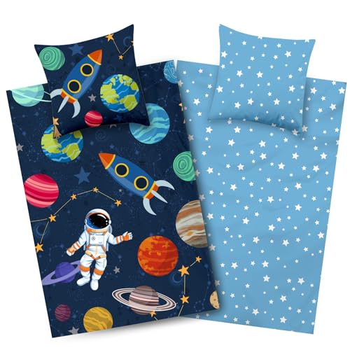 Aminata kids Weltraum Bettwäsche 135x200 Weltall-Motiv...