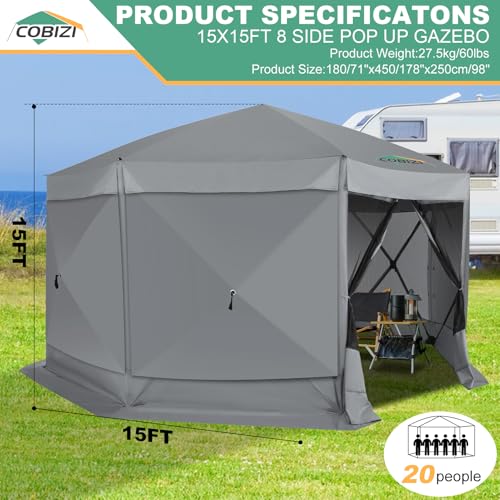 Image of COBIZI 15x15 FT Pop Up Gazebo - Canopy Tent, Large Gazebos On Clearance with Sidewalls, Screened in Gazebo,carpas para Patio,Portable Screen Tents for 12-15 Persons Outdoor Camping, Backyard, Gray