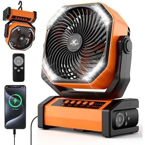 KITWLEMEN 20000mAh Camping Fan with LED Light, Auto-Oscillating Desk Fan with Remote & Hanging Hook, Rechargeable Battery Operated Tent Fan, 4 Timers USB Fan for Camping Jobsite Hurricane Emergency Cover