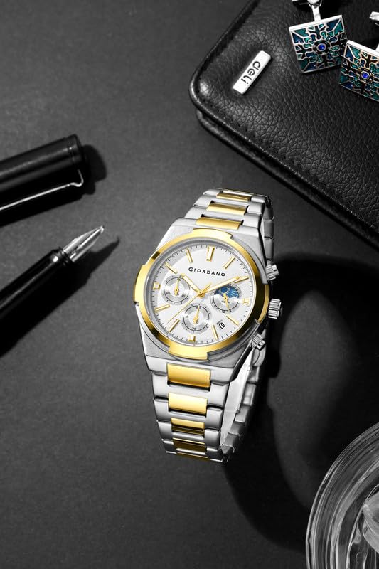 Image of Giordano Luxury Multifunction Quartz Watch for Men with Round Dial, Triple Sub-Dials, Moonphase Display, Date Window, Water Resistant and Stainless Steel Strap - GZ-50152
