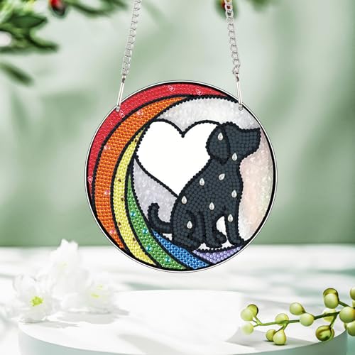 Image of DIY Diamond Painting Sun Catcher Hanging Sign Dog, Pet Memorial Diamond Art Window Ornament Kit for Adults, Colorful Gem Art Craft Kit for Home Wall or Door Decoration