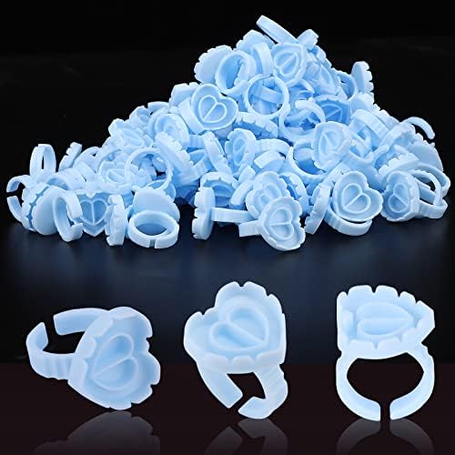 Glue Rings for Eyelash Extensions Glue Rings Pretty memory 100PCS Lash Glue Rings Lovely Heart Glue Rings Eyelash Glue Holder Volume Fanning Cup for Lash Extension Supplies, Blue