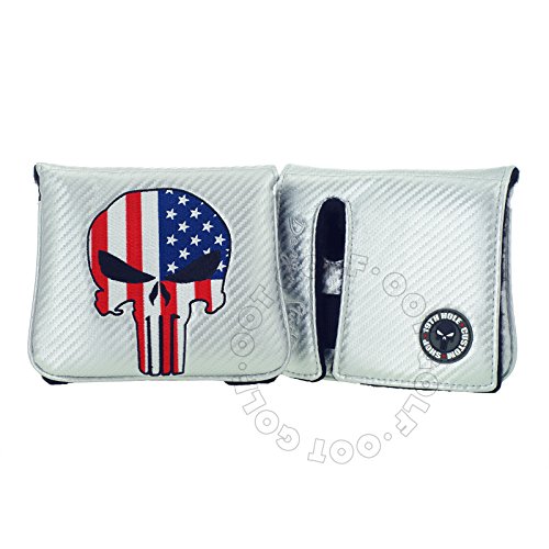 19th Hole Custom Shop US Flag Punisher Skull Golf High-MOI Mallet Putter Head Cover, Right Heand, Silver