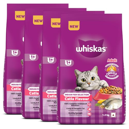 Image of Whiskas Adult (1+ Years) Dry Cat Food, Catla Fish Flavour, 1.2 kg, Powered with 40 Essential Nutrients, Complete & Balanced Nutrition for Adult Cats (Pack of 4)