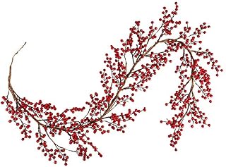 Falflor Red Berry Garland 6FT Long Flexible Artificial Burgundy Red Pip Berry Christmas Garland for Table Fireplace Stairs