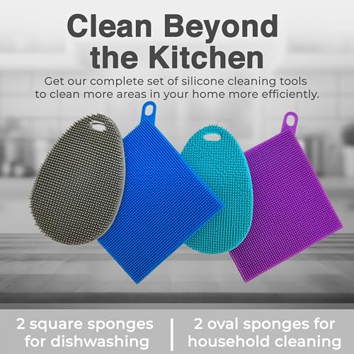 Image of Silicone Sponges for Dishes - 4 Pack Dual-Sided Dish Scrubber - Food Grade, BPA Free Silicone Sponge & Housecleaning