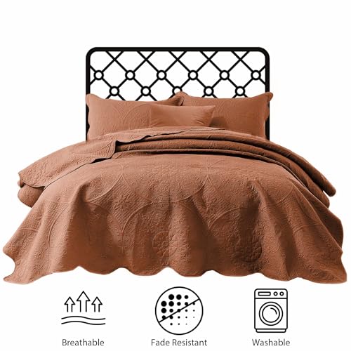 IR Imperial Rooms Twin Quilt Bedding Set Size (68” x 86”) + 1 Pillow Shams (20” x 26” + 2”) - 2 Pcs All Season Lightweight Reversible Microfiber Coverlet Floral Embossed Quilt Bedspread (Rust)