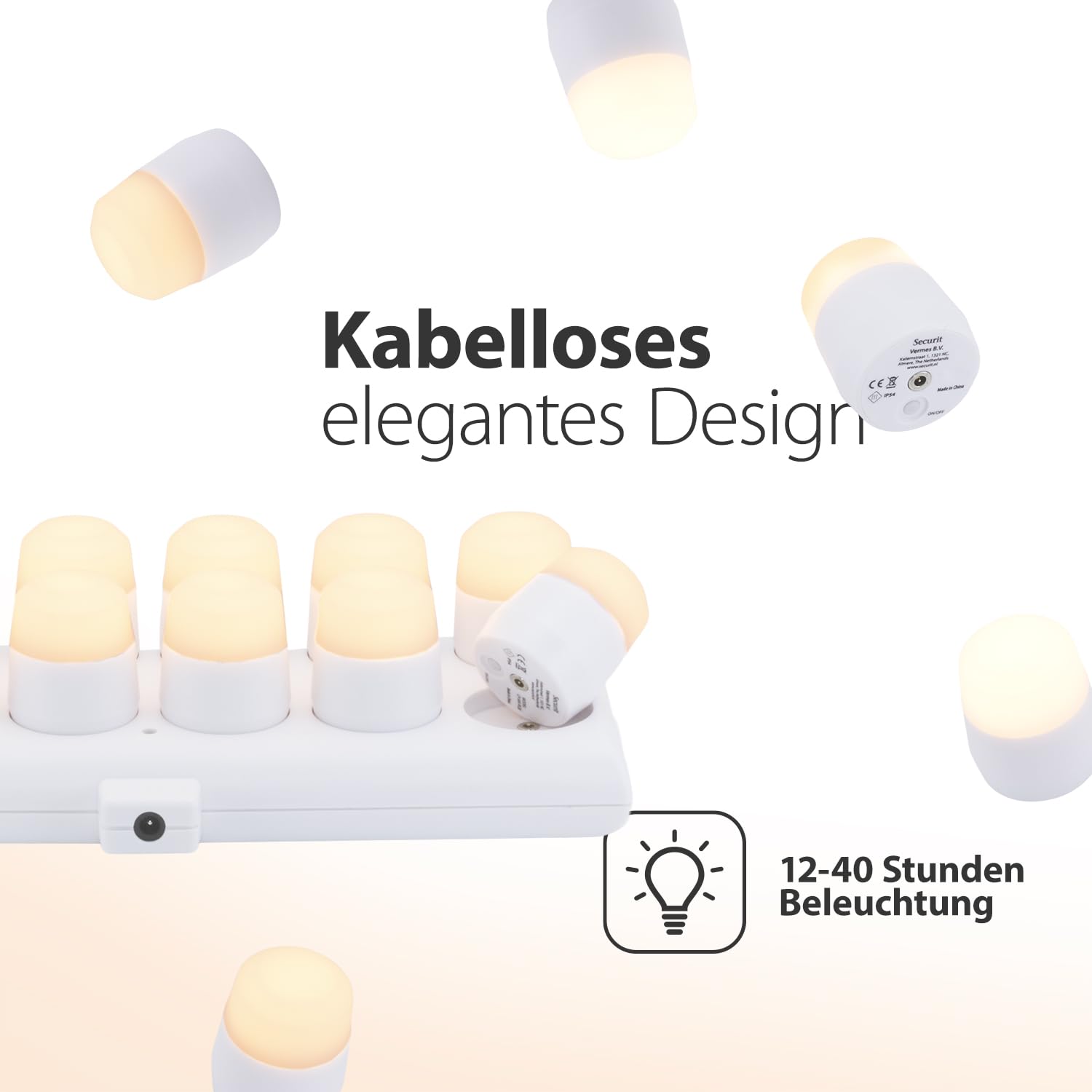 SECURIT – Wiederaufladbares LED-Teelicht-Set Amsterdam – Kabellos – Magnetisch – Für Bar, Café, Restaurant – Warmweiß – 12 Kerzen, Fernbedienung, Basis, Ladekabel inklusive, Weiß