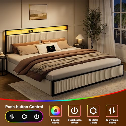 Image of ROLETALENT King Bed Frame with Headboard and Storage 2 Drawers Upholstered Bed Frame King Size with Charging Station & LED Velvet Platform Bed Frame Metal Support No Box Spring Needed Beige