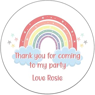 Personalised Rainbow Thank You For Coming To My Birthday Party Stickers Favour Box Bag Sweet Cone Seals Rainbows and Cute Clouds