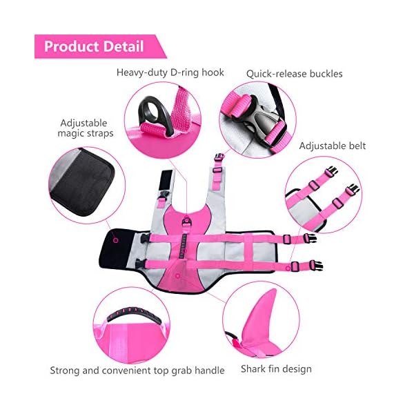 Asenku dog life jacket pet life safety vest for swimming boating, dog shark life jackets dog lifesavers swimsuits for pool, dog water floatation vest for small medium large dogs, shark pink, medium - image 5