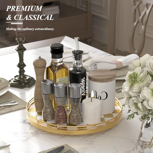 Image of Premium Rubber Wood Lazy Susan Turntable, Gold White Checkerboard Decorative Serving Tray, Hand-Welded Metal Railing, Stable Rotating Organizer for Dining Table, Kitchen Counter, Coffee Table Decor