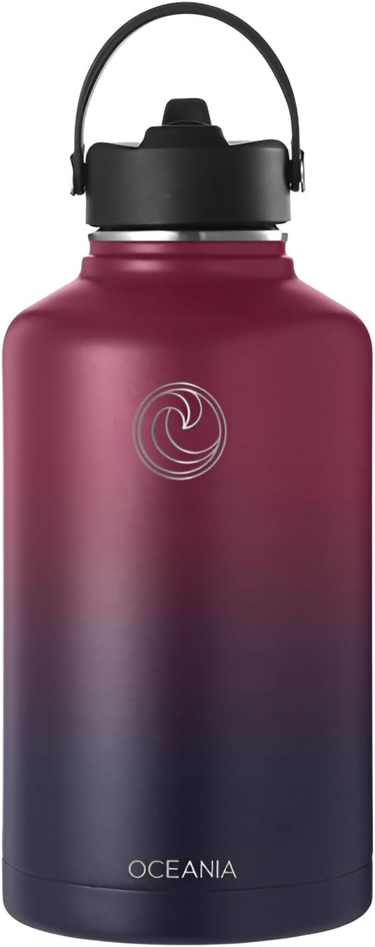 Oceania Flask 64oz Stainless Steel Water Bottles | Modern, Leakproof, Hydro BPA-Free, Insulated Water Bottle with 3 Lids, 3 Straws & 2 Straw Cleaning Brushes | Simple Camping & Hiking Water Bottles