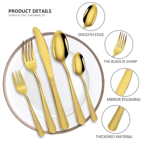 Image of Hammered Aurum Gold Silverware Set | 20-Piece Premium Stainless Steel Flatware Set | Dishwasher Safe Cutlery Set for Home, Restaurant & Gifting