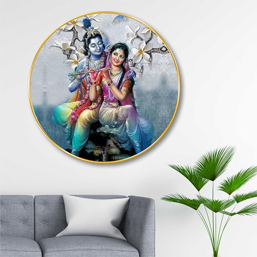 Image of Livin'luxe Radha Krishna Round Art Print with Golden Frame | Divine Hindu Religious Art for Home Temple Pooja Room Living Room Bedroom | Spiritual Wall Decor Gift (16 x 16 Inch) Art-GRM-249