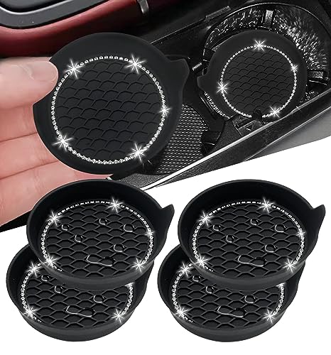NBTEPEM 4pcs Bling Car Cup Holder Coaster, 2.75 inch Anti-Slip Shockproof Universal Fashion Coasters Insert Crystal Rhinestone Automotive Interior Accessories for Women (4 pcs, New Black)
