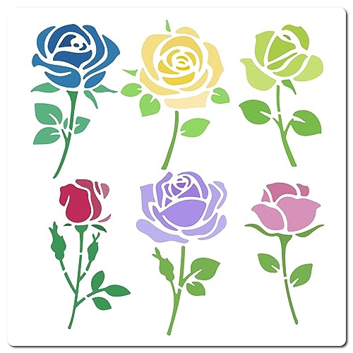GORGECRAFT Rose Stencil Flowers with Leaves Templates 18x18cm Single Rose Bouquet Pattern Reusable Square Plastic Stencils Sign for Painting on Wall Canvas Fabric Notebook Scrapbooking DIY Art Crafts